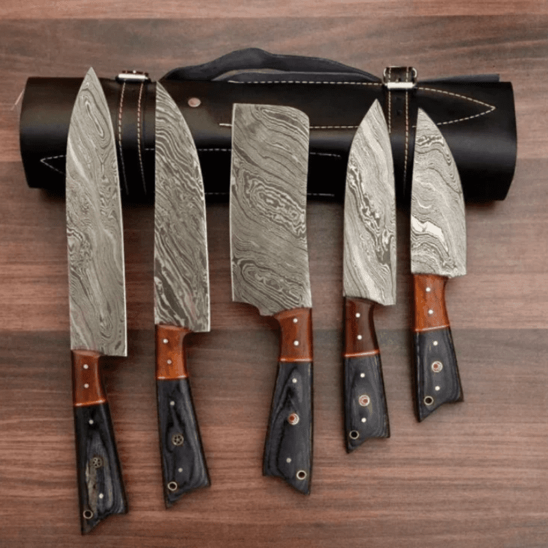 Damascus steel Kitchen set of 5 knives with Black Leather Sheath