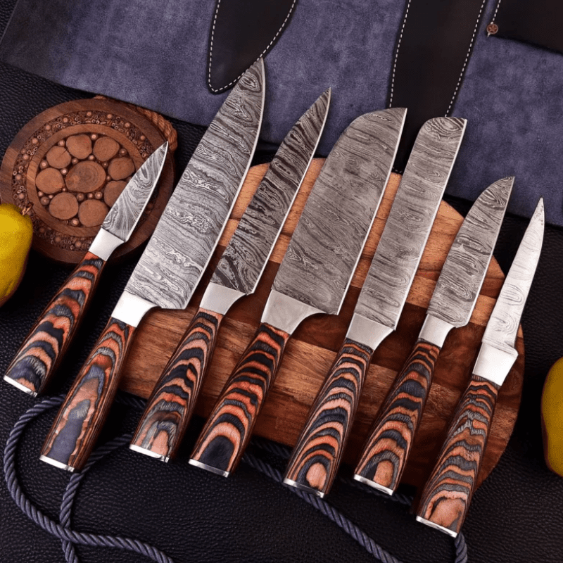 Forged Damascus Cooking knife set of 7pcs with Leather Cover