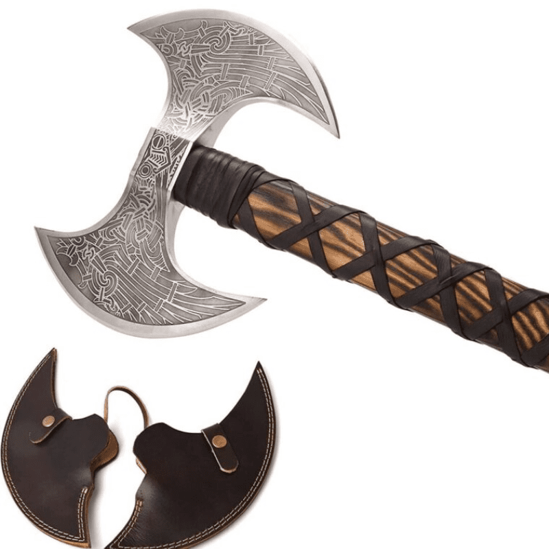 Carbon Steel Twin-Blade Viking Odin’s Berserker Axe with Ash Wood Handle